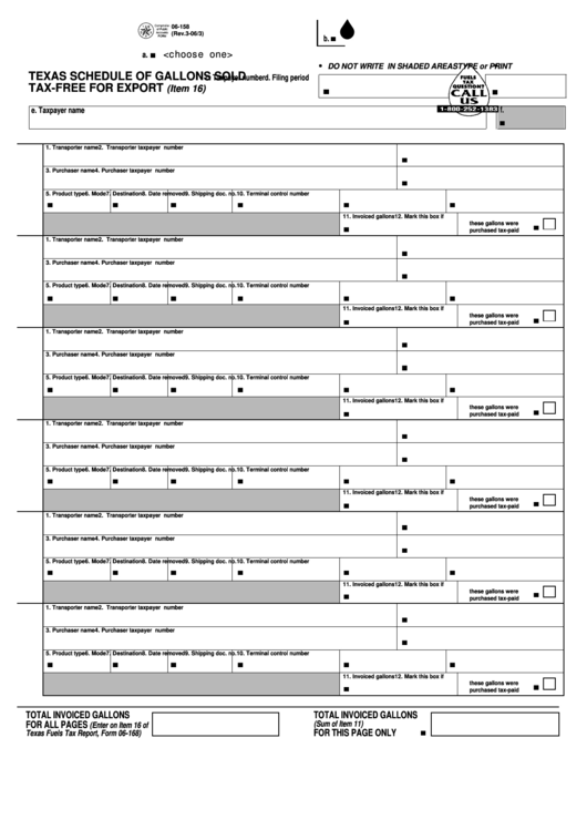 Fillable Form 06-158 - Texas Schedule Of Gallons Sold Tax-Free For ...