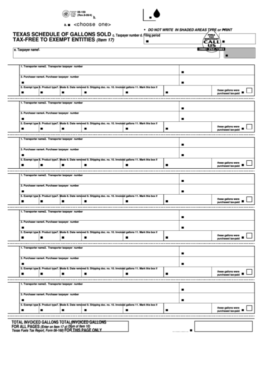 Fillable Form 06-159 - Texas Schedule Of Gallons Sold Tax-Free To Exempt Entities Printable pdf