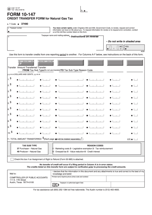 Fillable Form 10-147 - Credit Transfer Form For Natural Gas Tax Printable pdf