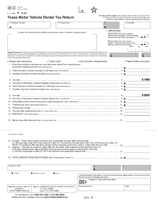Fillable Form 14-103 - Texas Motor Vehicle Rental Tax Return Printable pdf