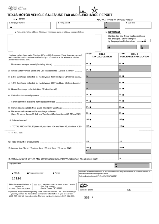 Fillable Form 14-115 - Texas Motor Vehicle Sales/use Tax And Surcharge Report Printable pdf