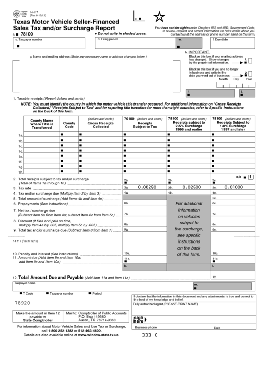 Fillable Form 14-117 - Texas Motor Vehicle Seller-Financed Sales Tax And/or Surcharge Report Printable pdf
