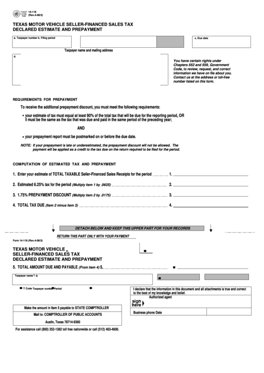 Fillable Form 14-118 - Texas Motor Vehicle Seller-Financed Sales Tax Declared Estimate And Prepayment Printable pdf