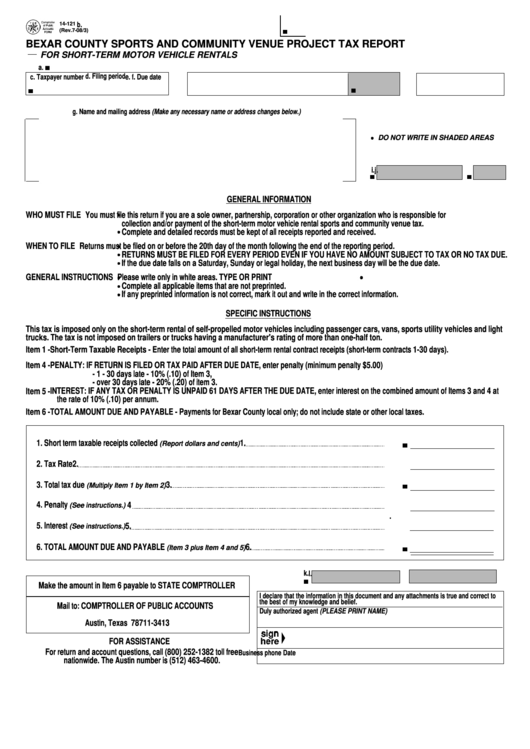 Fillable Form 14-121 - Bexar County Sports And Community Venue Project Tax Report Printable pdf