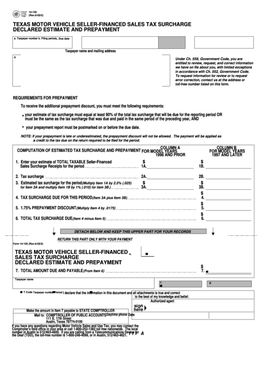Fillable Form 14-125 - Texas Motor Vehicle Seller-Financed Sales Tax Surcharge Declared Estimate And Prepayment Printable pdf