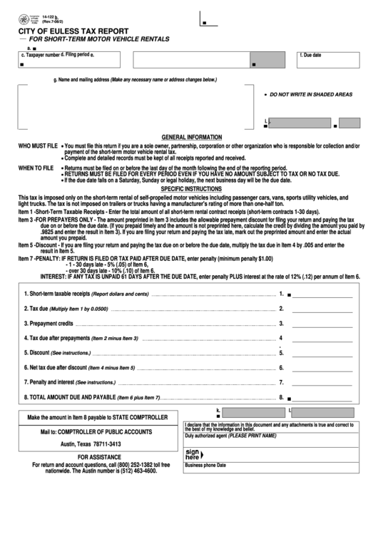 Fillable Form 14-122 - Tax Report - City Of Euless Printable pdf