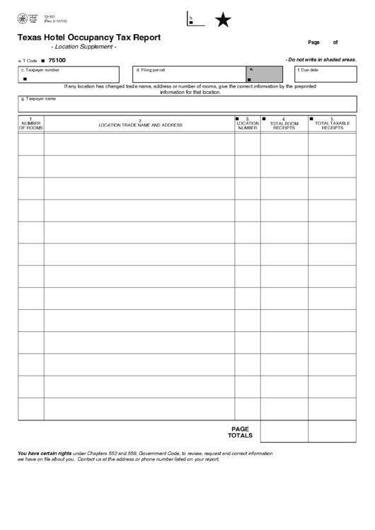 Fillable Form 12-10 - Texas Hotel Occupancy Tax Report Printable pdf