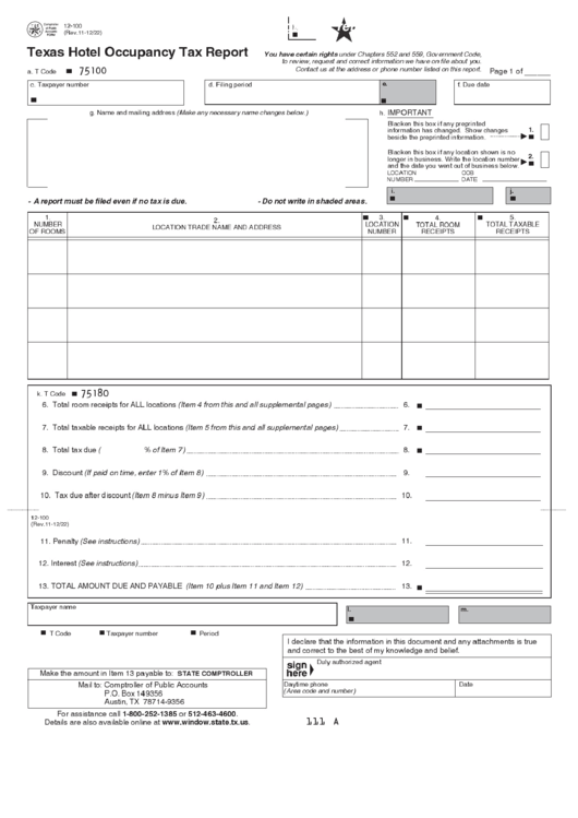 Fillable Form 12-100 - Texas Hotel Occupancy Tax Report Printable pdf