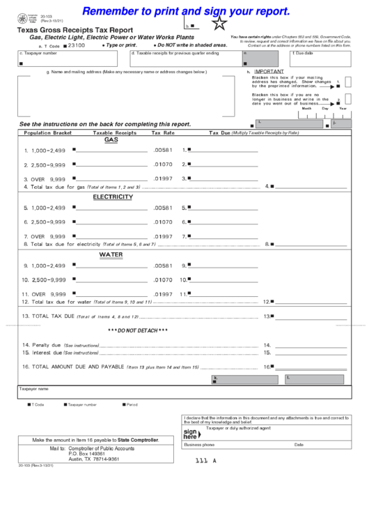 Fillable Form 20-103 - Texas Gross Receipts Tax Report Printable pdf