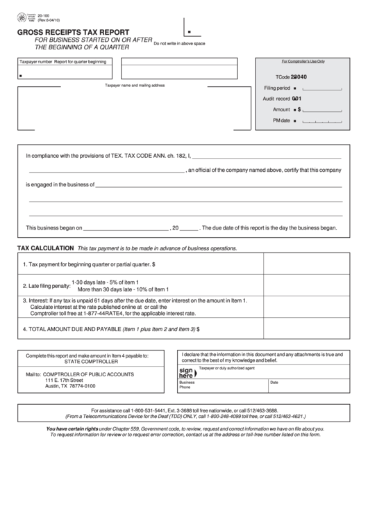 Fillable Form 20-100 - Gross Receipts Tax Report Printable pdf