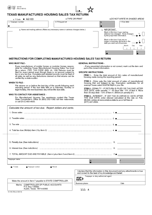 Fillable Form 18-100 - Texas Manufactured Housing Sales Tax Return Printable pdf