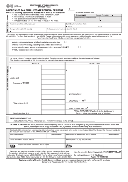 Fillable Form 17-100 - Inheritance Tax Small Estate Return - Resident Printable pdf
