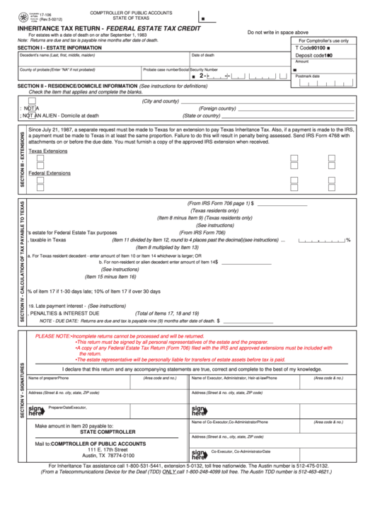 Fillable Form 17-106 - Inheritance Tax Return - Federal Estate Tax Credit Printable pdf
