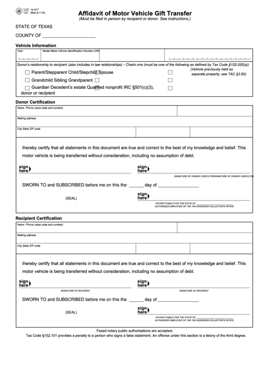 Fillable Form 14-317 - Affidavit Of Motor Vehicle Gift Transfer Printable pdf