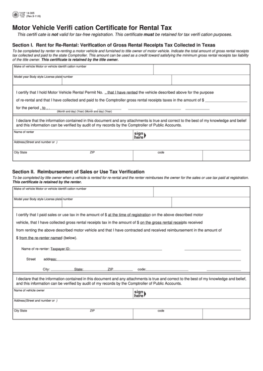 Fillable Form 14-305 - Motor Vehicle Verifi Cation Certificate For Rental Tax Printable pdf