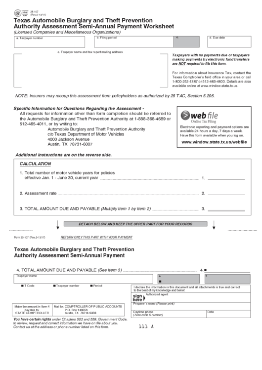 Fillable Form 25-107 - Texas Automobile Burglary And Theft Prevention Authority Assessment Semi-Annual Payment Worksheet Printable pdf