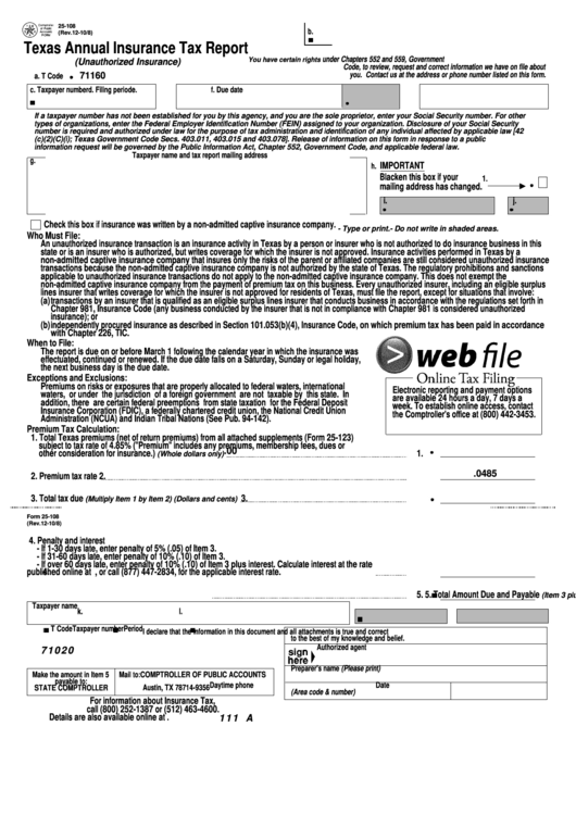 Fillable Form 25-108 - Texas Annual Insurance Tax Report Printable pdf