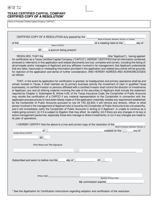 Fillable Form 25-111 - Certified Copy Of A Resolution Of A Texas Certified Capital Company Printable pdf