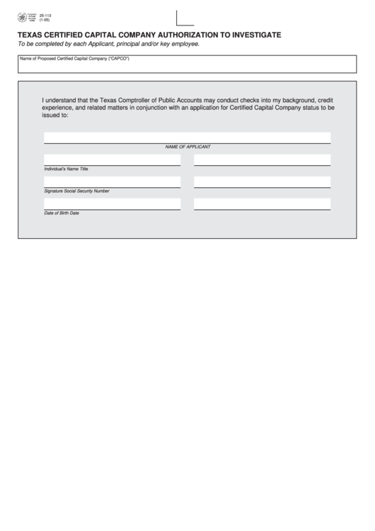 Fillable Form 25-113 - Texas Certified Capital Company Authorization To Investigate Printable pdf