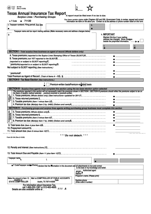 Fillable Form 25-104 - Texas Annual Insurance Tax Report Printable pdf