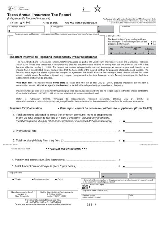 Fillable Form 25-103 - Texas Annual Insurance Tax Report Printable pdf