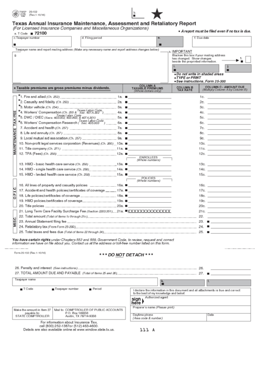 Fillable Form 25-102 - Texas Annual Insurance Maintenance, Assessment And Retaliatory Report Printable pdf