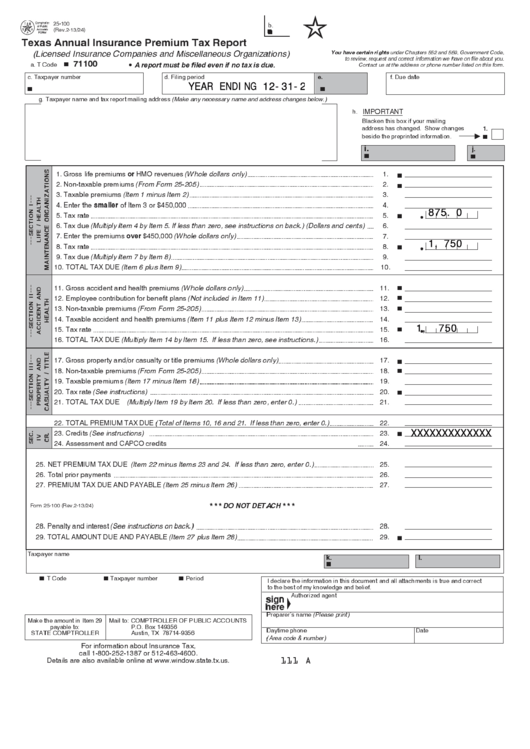 Fillable Form 25-100 - Texas Annual Insurance Premium Tax Report Printable pdf