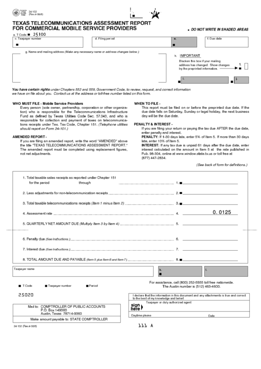Fillable Form 24-10 - Texas Telecommunications Assessment Report For Commercial Mobile Service Providers Printable pdf