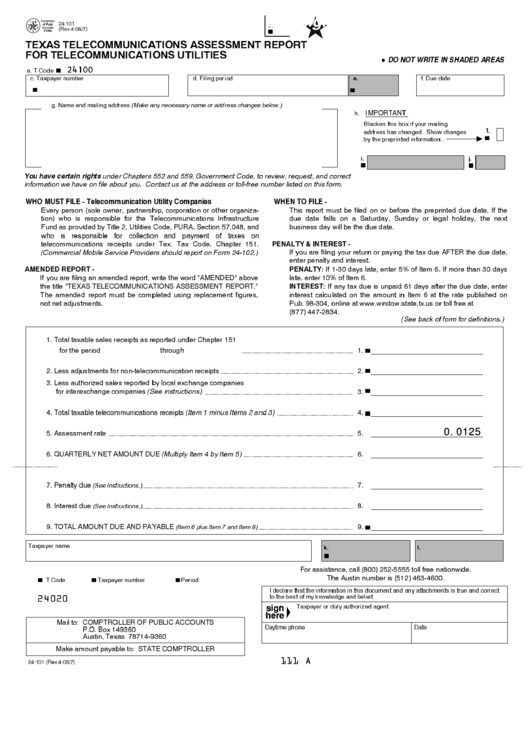 Fillable Form 24-10 - Texas Telecommunications Assessment Report For Telecommunications Utilities Printable pdf