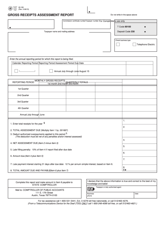 Fillable Form 20-106 - Gross Receipts Assessment Report Printable pdf