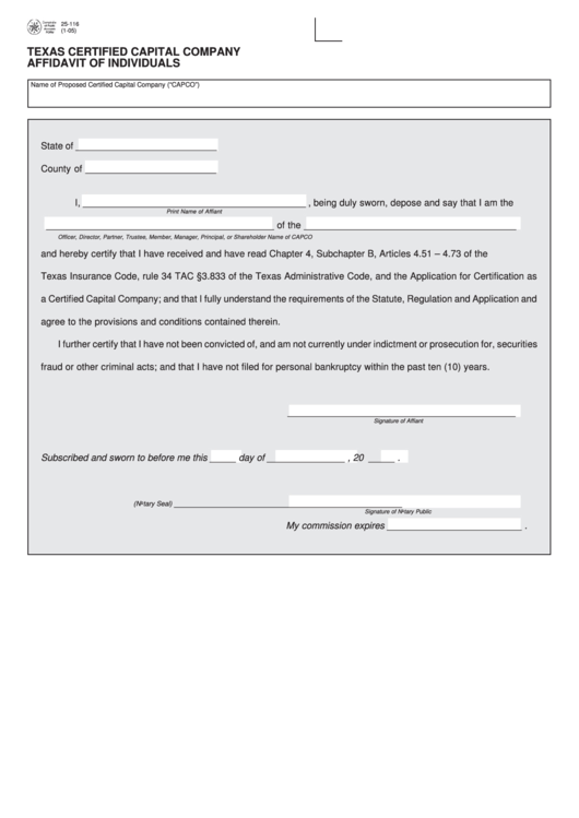 Fillable Form 25-116 - Texas Certified Capital Company Affidavit Of Individuals Printable pdf