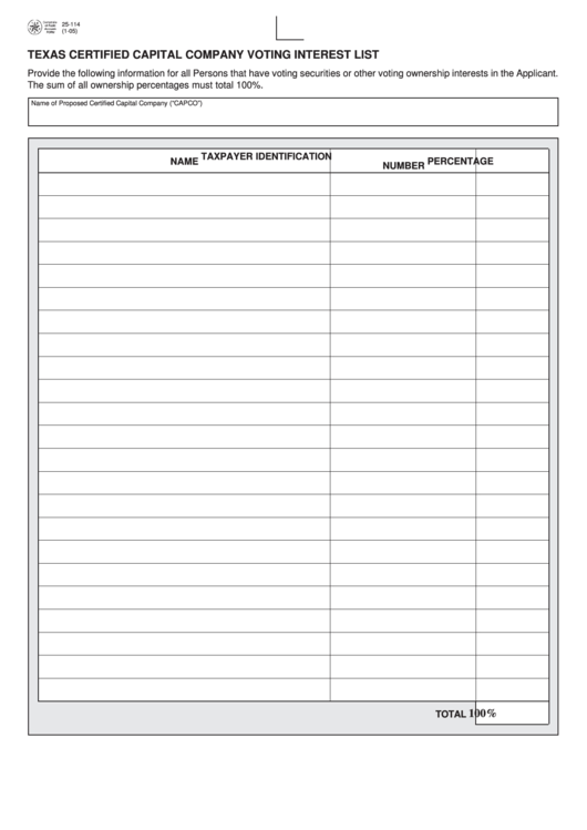 Fillable Form 25-114 - Texas Certified Capital Company Voting Interest List Printable pdf