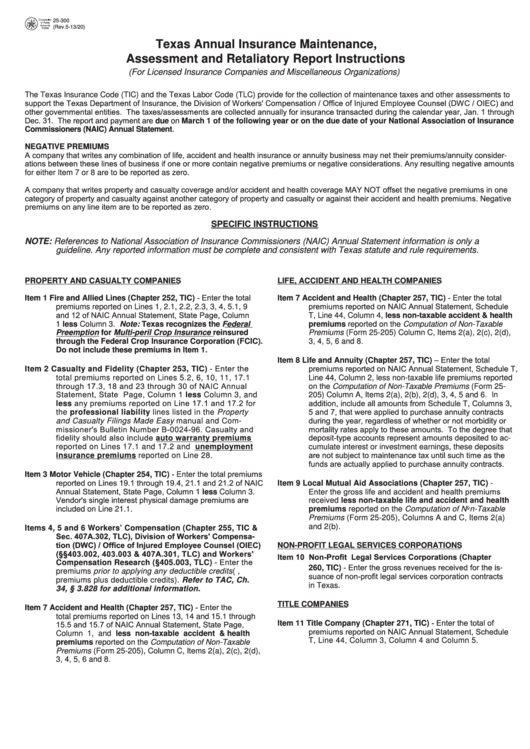 Form 25-300 - Texas Annual Insurance Maintenance, Assessment And Retaliatory Report Instructions Printable pdf