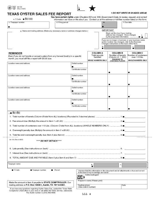 Fillable Form 28-100 - Texas Oyster Sales Fee Report Printable pdf