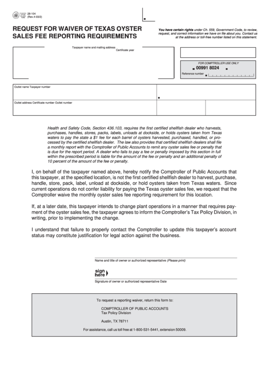 Fillable Form 28-104 - Request For Waiver Of Texas Oyster Sales Fee Reporting Requirements Printable pdf