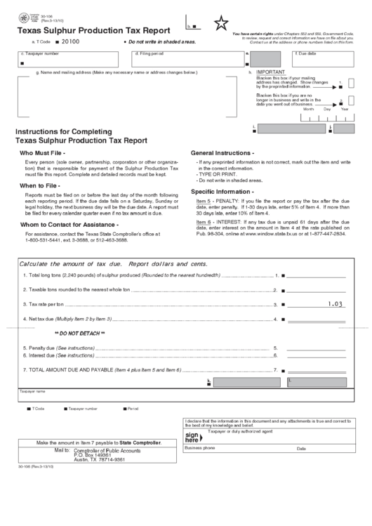Fillable Form 30-106 - Texas Sulphur Production Tax Report Printable pdf