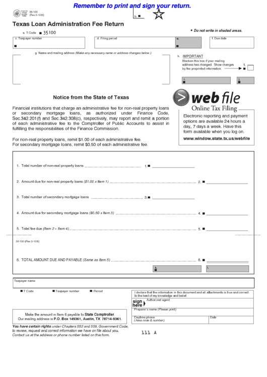 Fillable Form 35-100 - Texas Loan Administration Fee Return Printable pdf