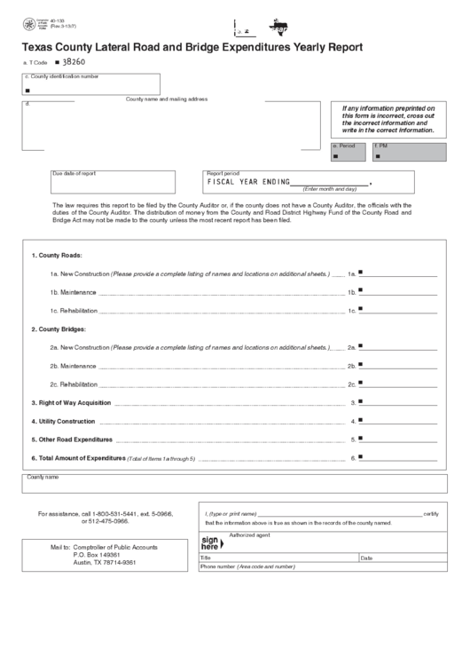 Fillable Form 40-133 - Texas County Lateral Road And Bridge Expenditures Yearly Report Printable pdf