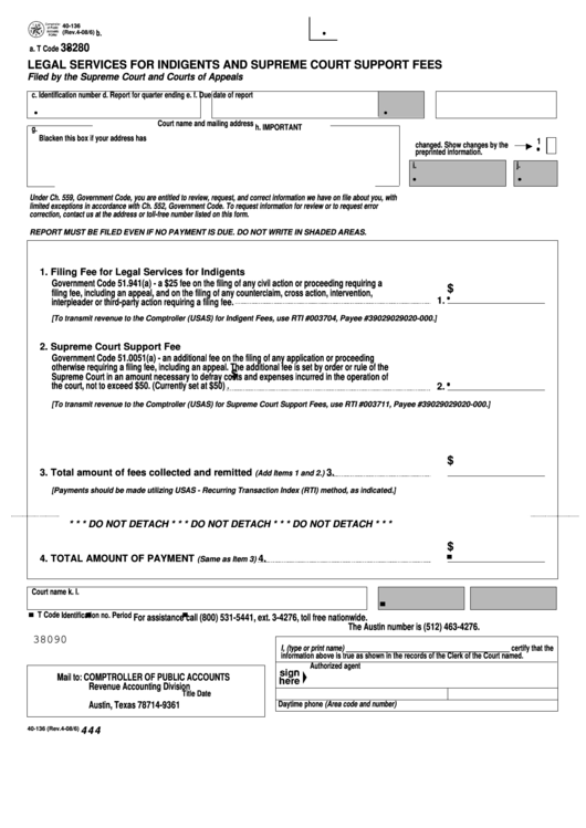 Fillable Form 40-136 - Legal Services For Indigents And Supreme Court Support Fees Printable pdf