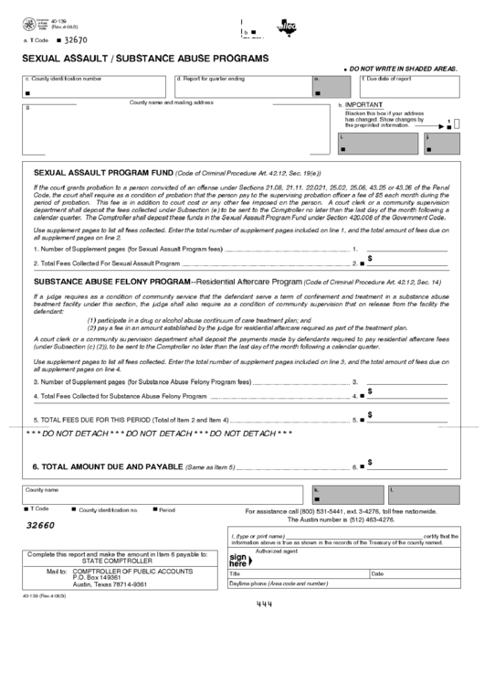Fillable Form 40-139 - Sexual Assault / Substance Abuse Programs Printable pdf