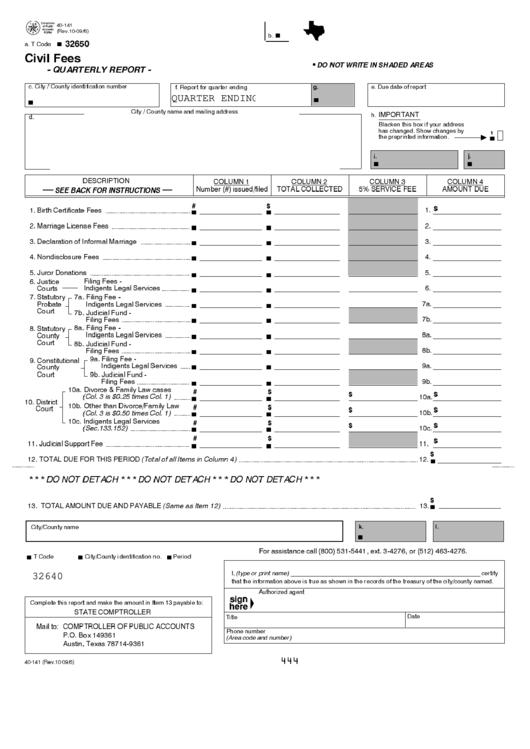 Fillable Form 40-141 - Civil Fees Quarterly Report Printable pdf