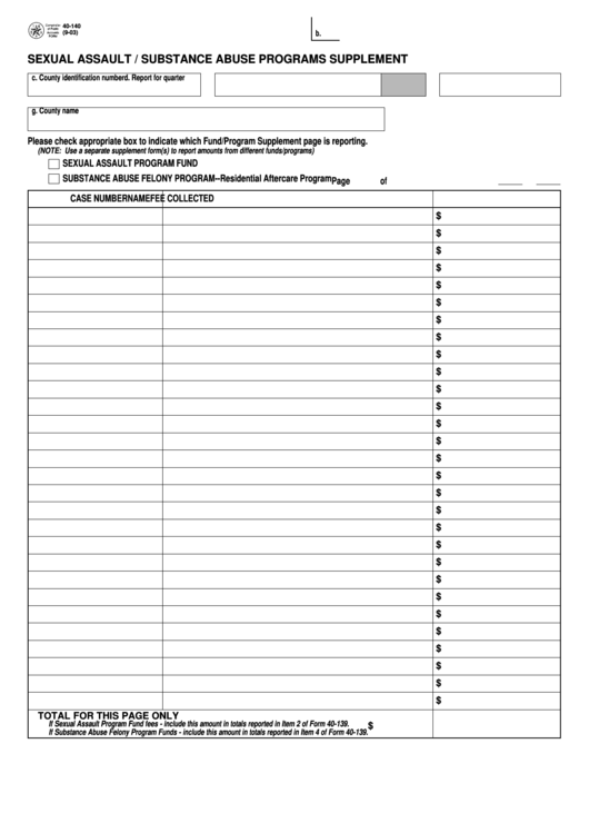 Fillable Form 40-140 - Sexual Assault / Substance Abuse Programs Supplement Printable pdf