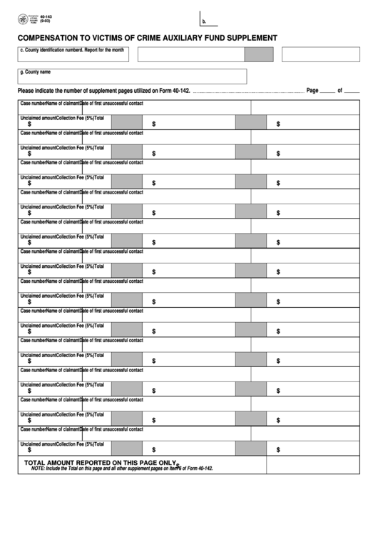Fillable Form 40-143 - Compensation To Victims Of Crime Auxiliary Fund Supplement Printable pdf
