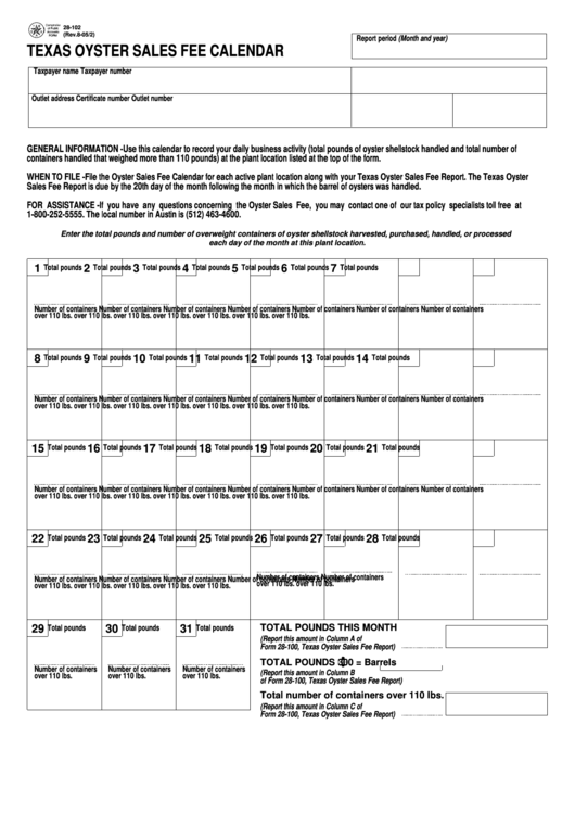 Fillable Form 28-102 - Texas Oyster Sales Fee Calendar Printable pdf