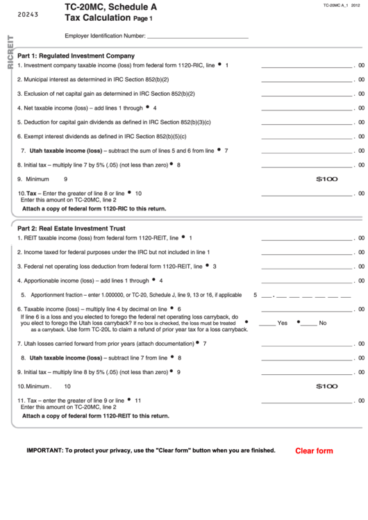 Fillable Form Tc-20mc - Schedule A - Tax Calculation - 2012 Printable pdf