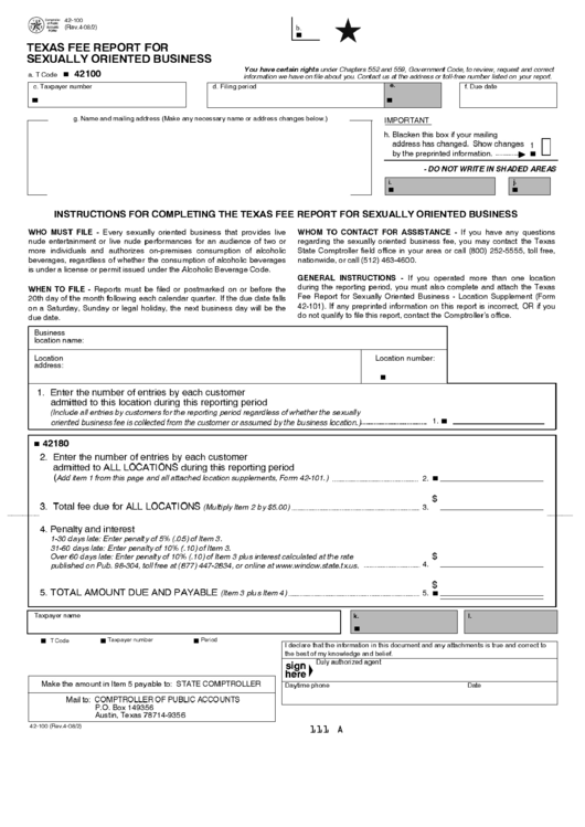 Fillable Form 42-100 - Texas Fee Report For Sexually Oriented Business Printable pdf