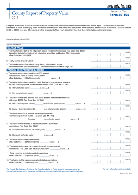 Fillable Form 50-105 - County Report Of Property Value - 2013 Printable pdf