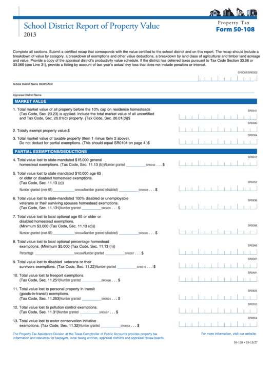 Fillable Form 50-108 - School District Report Of Property Value - 2013 Printable pdf