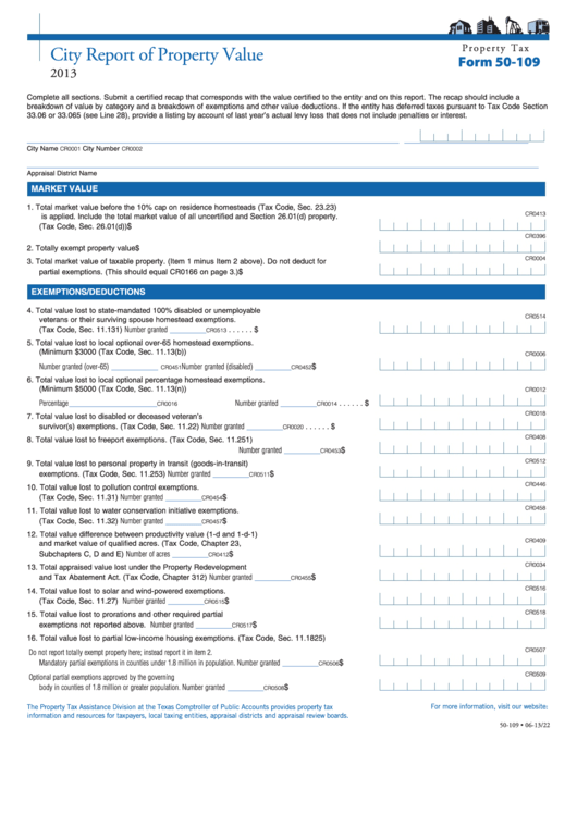 Fillable Form 50-109 - City Report Of Property Value - 2013 Printable pdf