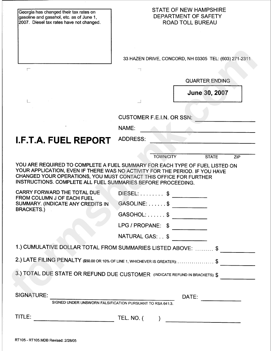 Form Rt-105 - I.f.t.a. Fuel Report - State Of New Hampshire - 2005